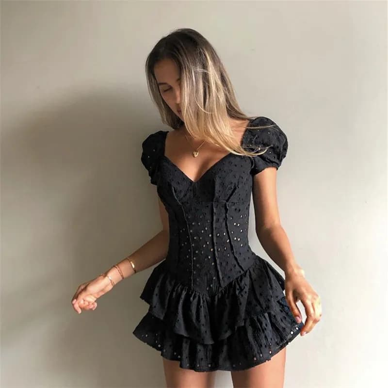 V Neck Ruffles Pleated Dress Women Puff Sleeve Chic Black Summer Dress 2025 Party Hollow Out Vintage Bodycon Dress Corset Ladies