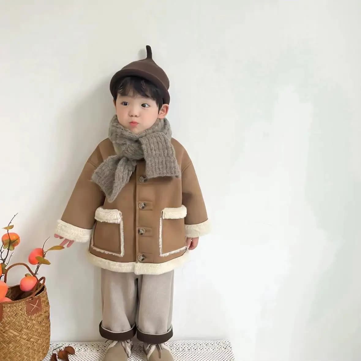 Boy Girl Coat Windbreak Warm Thicken Plush Collar Jacket Plush Top Winter 2025 High Quality Suede Overall Straight Pants Outfits