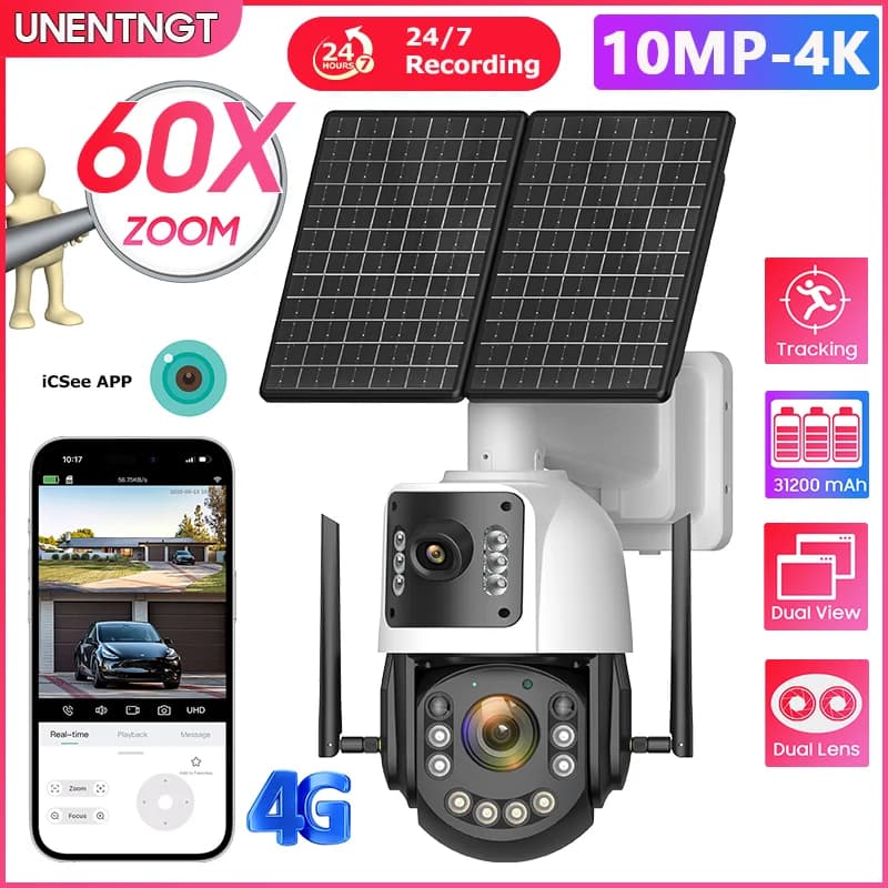 4K AOV 4G Solar Camera Home Outdoor 10MP 60X Optical ZOOM 31200 Mah Security 24/7 Video Recording Auto Tracking Surveillance Cam