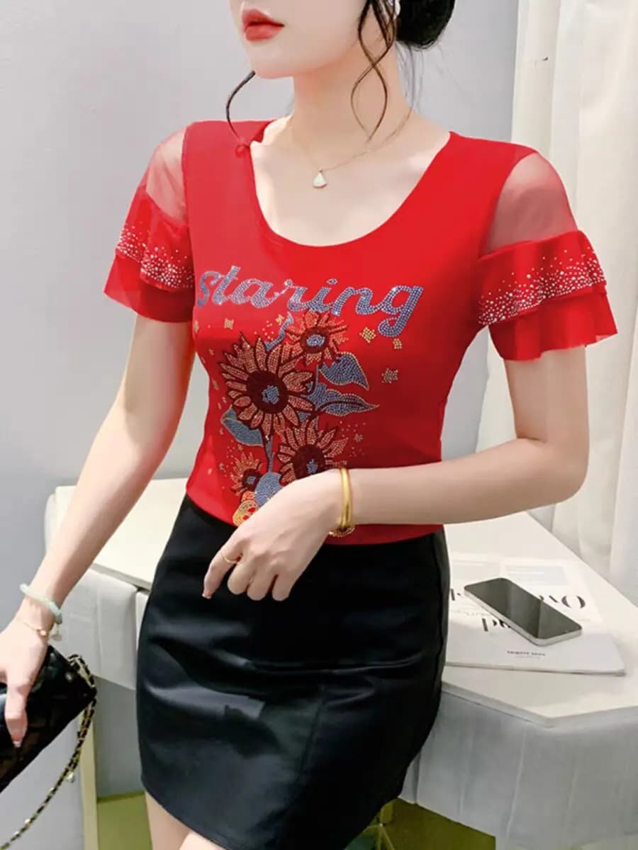 2024 New Design Lace Diamond Set Printed Flowers T-shirt Spring Summer Woman M-3XL Short Sleeve V-neck Splicing Shoulder Off