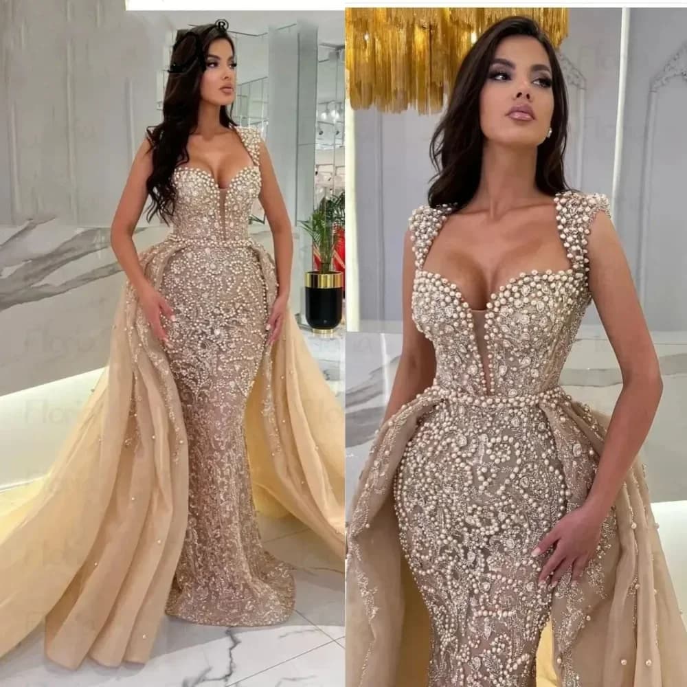 Elegant Champagne Evening Dresses With Detachable Train Luxury Pearls Tulle Mermaid Gown Prom Dresses Custom فساتين السهرة 2024