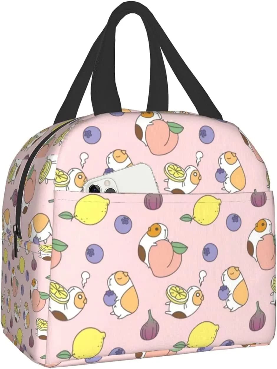 Guinea pigs with fruits Lunch Box Insulated Lunch Boxes Waterproof Lunch Bag Reusable Lunch Tote With Front Pocket For School