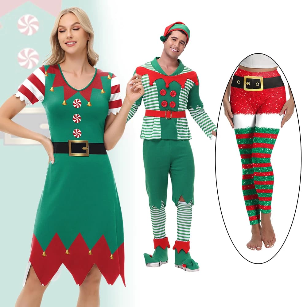 Zawaland Christmas Elf Costume Set Women Short Sleeve Xmas Dress High Waist Leggings Adult Men Outfits Suits Christmas Gift