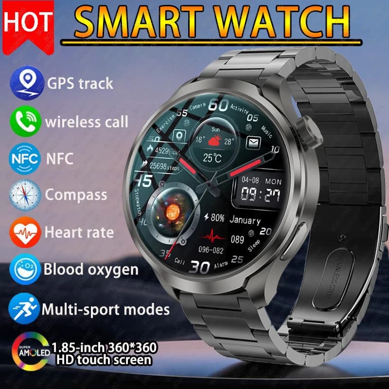 New 1.85"AMOLED HD Smart Watch Men GPS Outdoor Sports Compass Waterproof Watches NFC Health Monitor Bluetooth Call Smartwatch