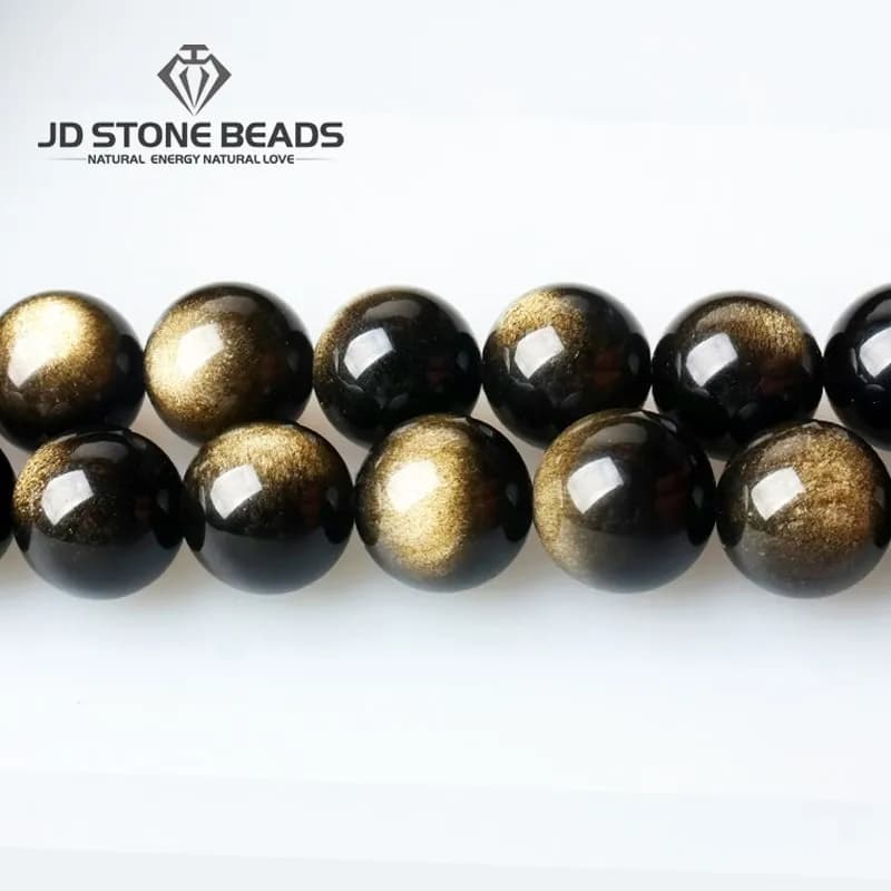 Natural Stone Golden Black Obsidian Bead Shinny Round Loose Gemstone Bead for Jewelry Making Diy Bracelet Necklace Accessory 15"