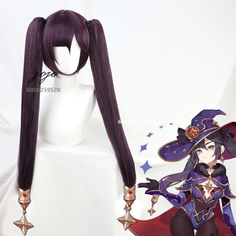 Genshin Impact Mona Cosplay Wigs Long Straight Double Ponytail Dark Purple Heat Resistant Synthetic Hair Halloween Party Wig