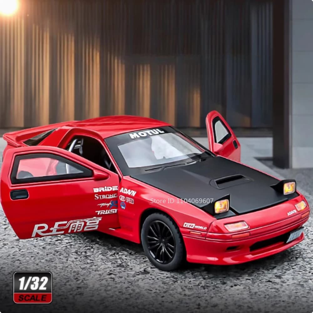 1:32 Mazda RX-7 Toy Sports Car Models Alloy Diecast MX-5 Supercars Sound Light Doors Opened Pull Back Mini Vehicle Toys Kid Gift