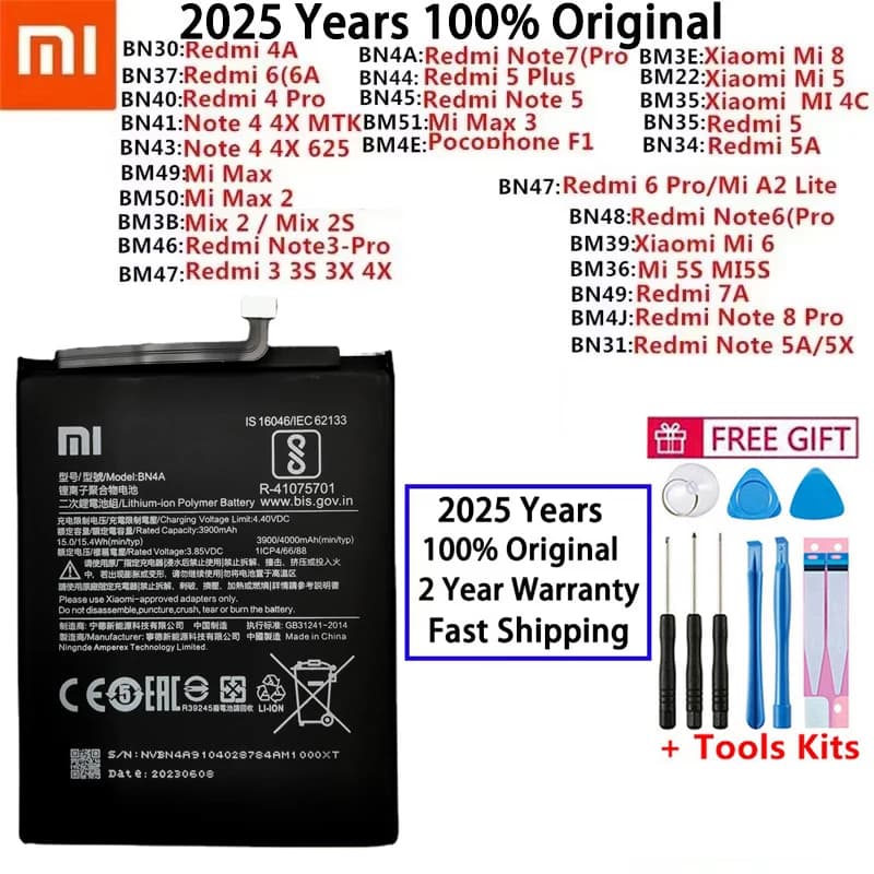 Original Battery For Xiaomi Mi Redmi Note Mix Max 2 3 K20 A2 A3 3S 3X 4 4X 4A 5 5A 5S 5X M5 6 6A 7 7A 8 8T 9 9T SE Pro Plus Lite