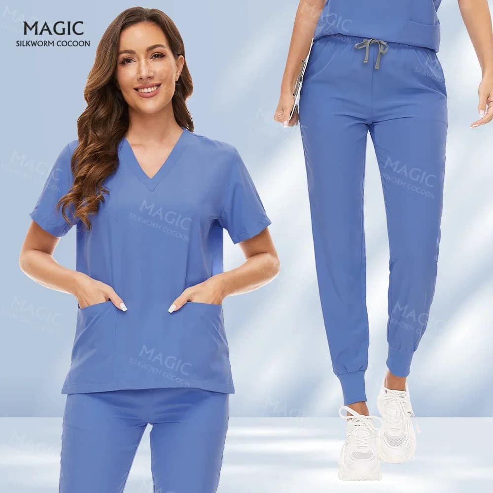 Solid Color Scrubs Uniforms Pet Grooming Nurse Uniform Women Doctor Nursing Clothes Short Sleeved Pockets Medical Nurses Uniform