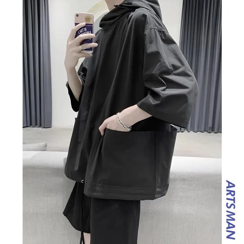 Men's Harajuku All-match Youth Tops Tees Summer New Pockets Patchwork Loose Solid Color T Shirts Korean Fashion Men Clothing