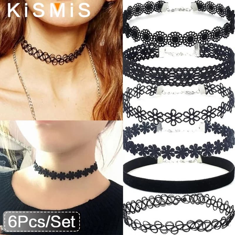 KISMIS 6Pcs/Set Black Lace Chokers Necklace Set Vintage Gothic Punk Elastic Necklace Women'S Jewelry 1Sets