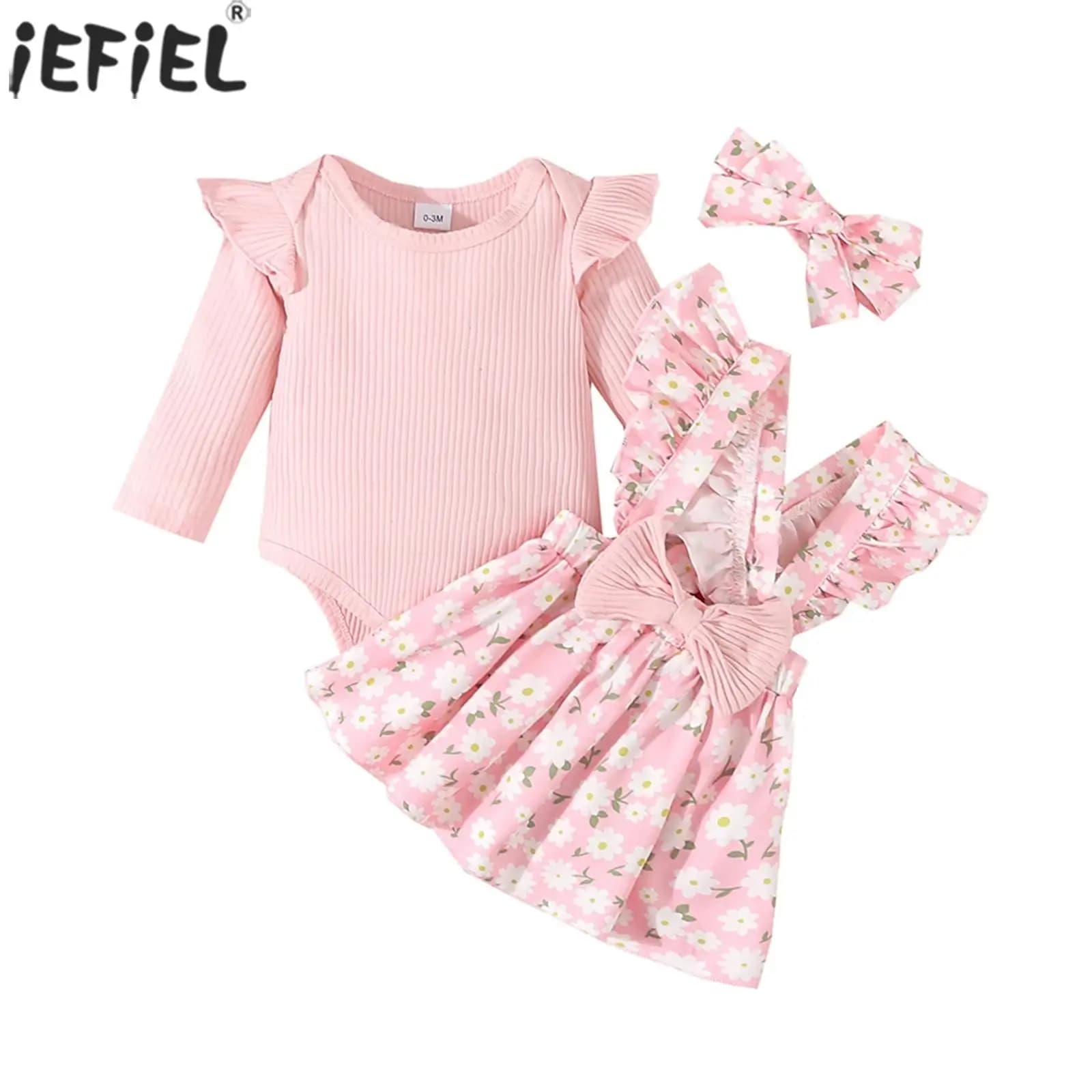 Baby Girls Spring Fall Clothes Long Sleeve Round Neck Romper with Printed Bowknot Suspender Skirt Headband Infant Casual Wear