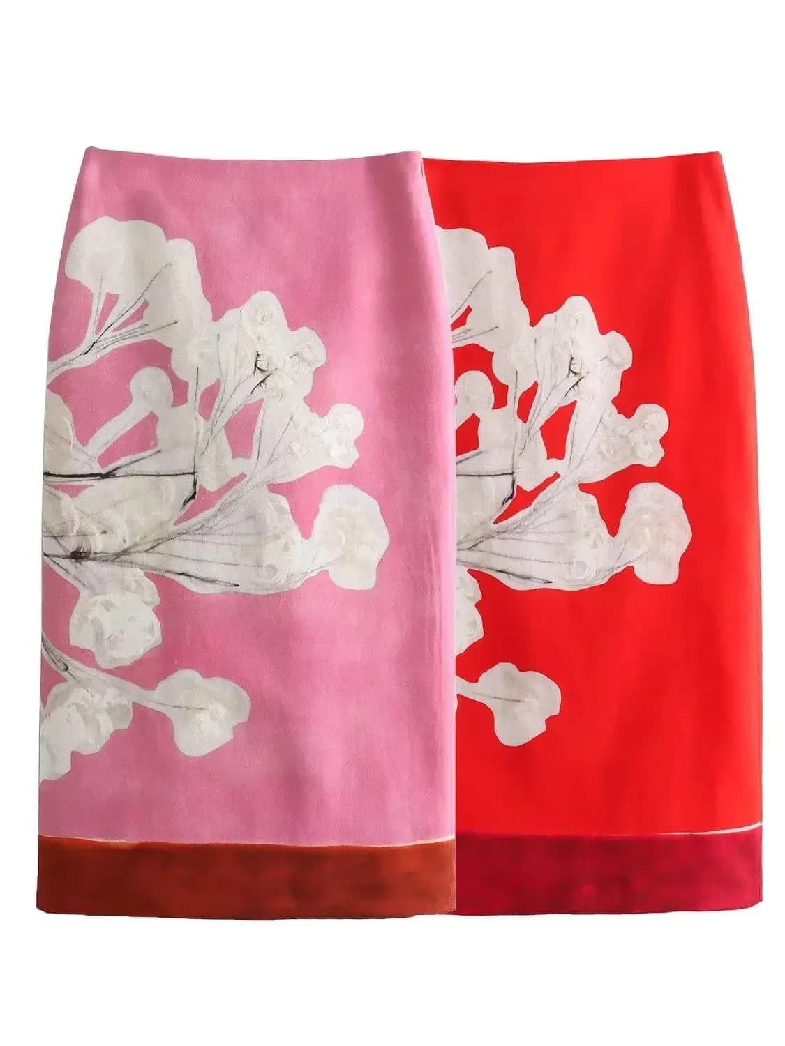 XNWMNZ Women's Fashion 2024 Linen Blended Pencil Skirt High Waist Zipper Contrasting floral Printed Hem Slit Female Midi Skirt