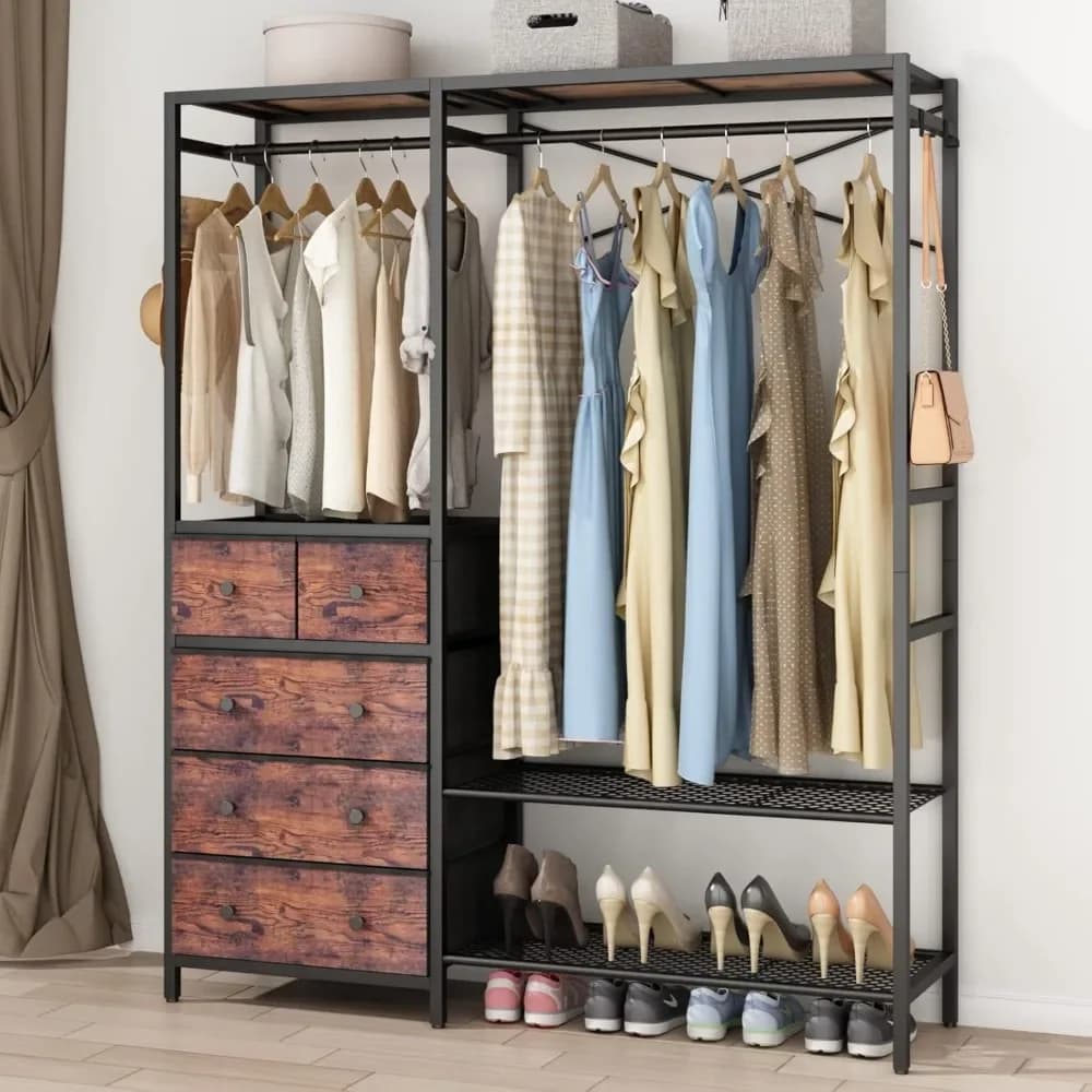Rack with 5 Drawers & 4 Storage Shelves, 59.1W*70.9H Heavy Duty Clothing Rack with 2 Hanging Rods, Wardrobe Closet Organizer