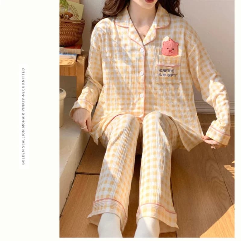 100kg Plus Size Women Plaid Pajamas Spring Cartoon Long Sleeve Loose Loungewear Set Home Clothes Ladies Pants and Top Set Pjs