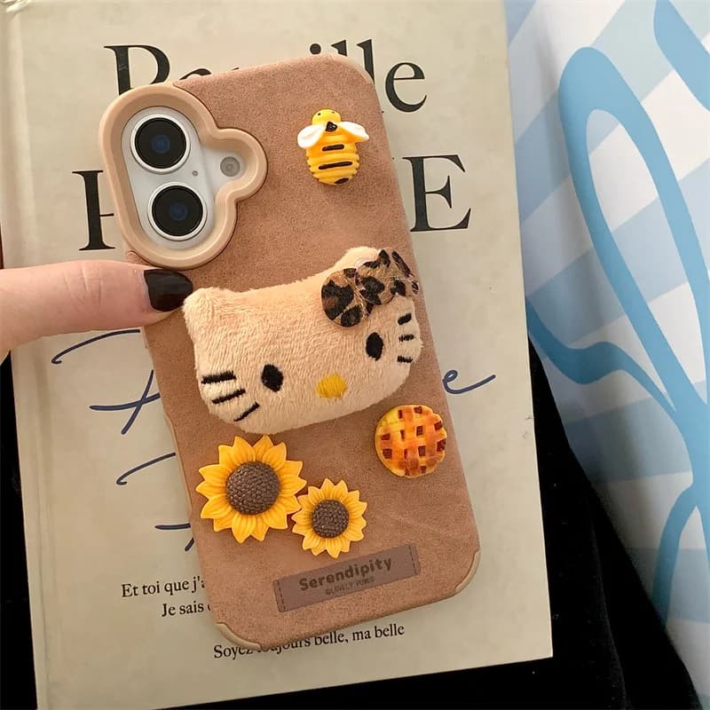 Cute Cartoon Bee Hello Kitty fluffy Phone Case For iPhone 13 Pro 14 15 16 Pro Max Winter Lovely Kitty Sunflower KT furry cover