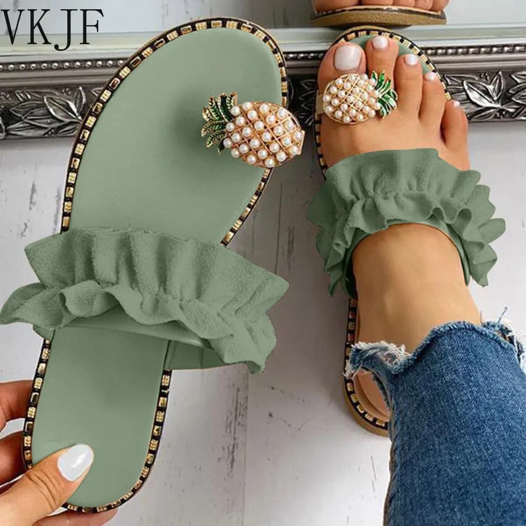 2025 Women Slipper Pineapple Pearl Flat Toe Bohemian Summer Beach Sandals Ladies Shoes plus size Mujer Verano