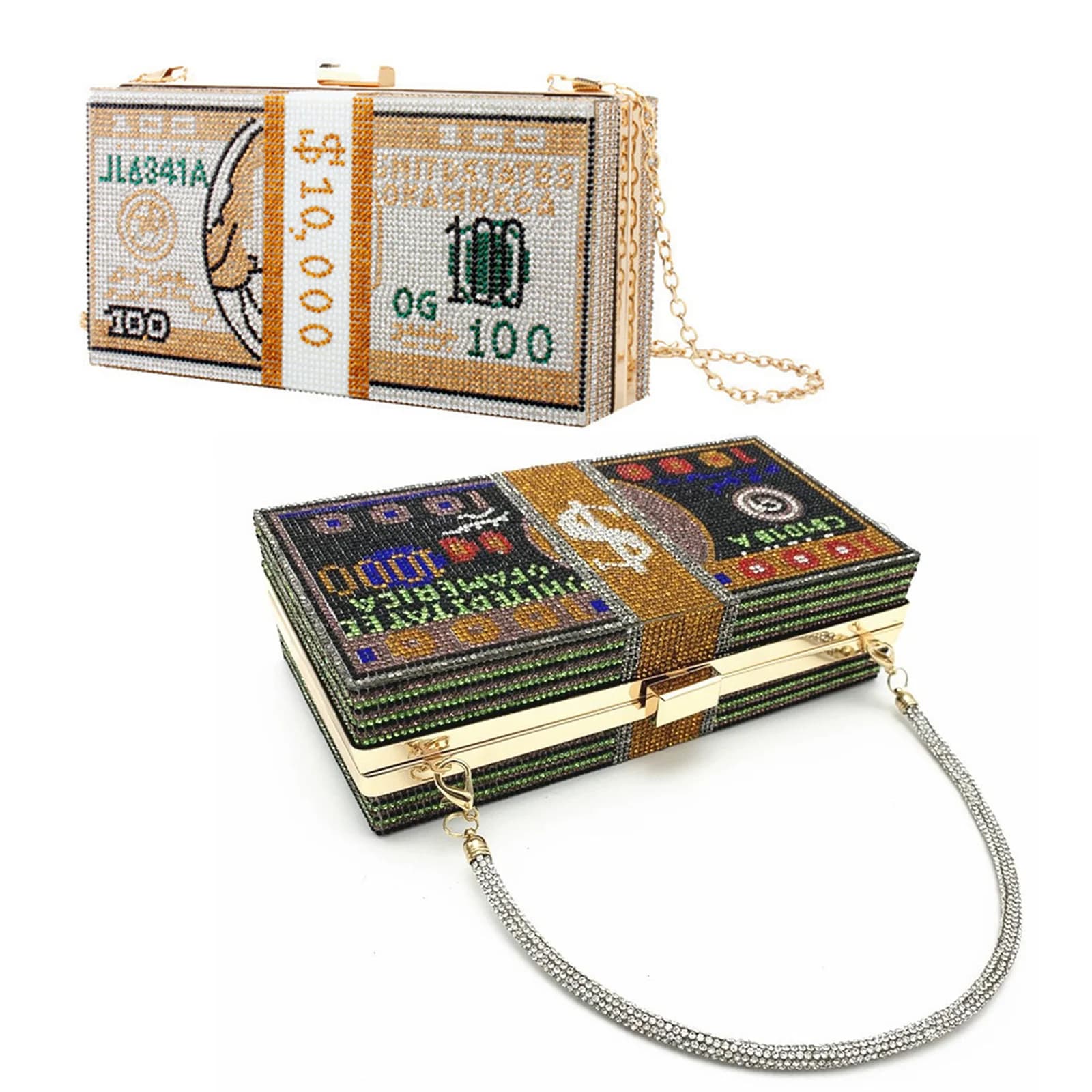 New Money Clutch Rhinestone Purse 10000 Dollars Stack of Cash Evening Handbags Shoulder Wedding Dinner Bag Dress Dinner Bag