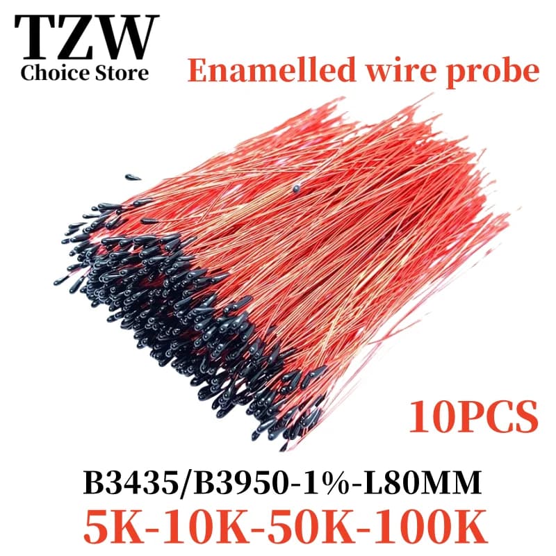 TZW 10PCS NTC enamelled wire thermistor 5K 10K 50K 100K  B3435 B3950 1% temperature sensor L80mm MF52B-103F3950BL80