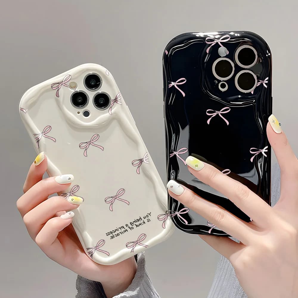 Pink Bow Knot Phone Case For iPhone 11 Case iPhone 15 12 13 14 16 Pro Max X XS XR 7 8 Plus 3D Wavy Curved Edge Soft Clear Cover