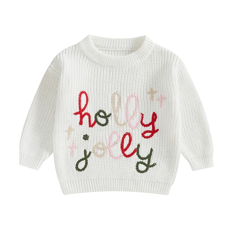 Toddler Boy Holiday Sweater Cozy Knitted Pullover with Festive Letters Long Sleeve Crew Neck Winter Jumper for Kids