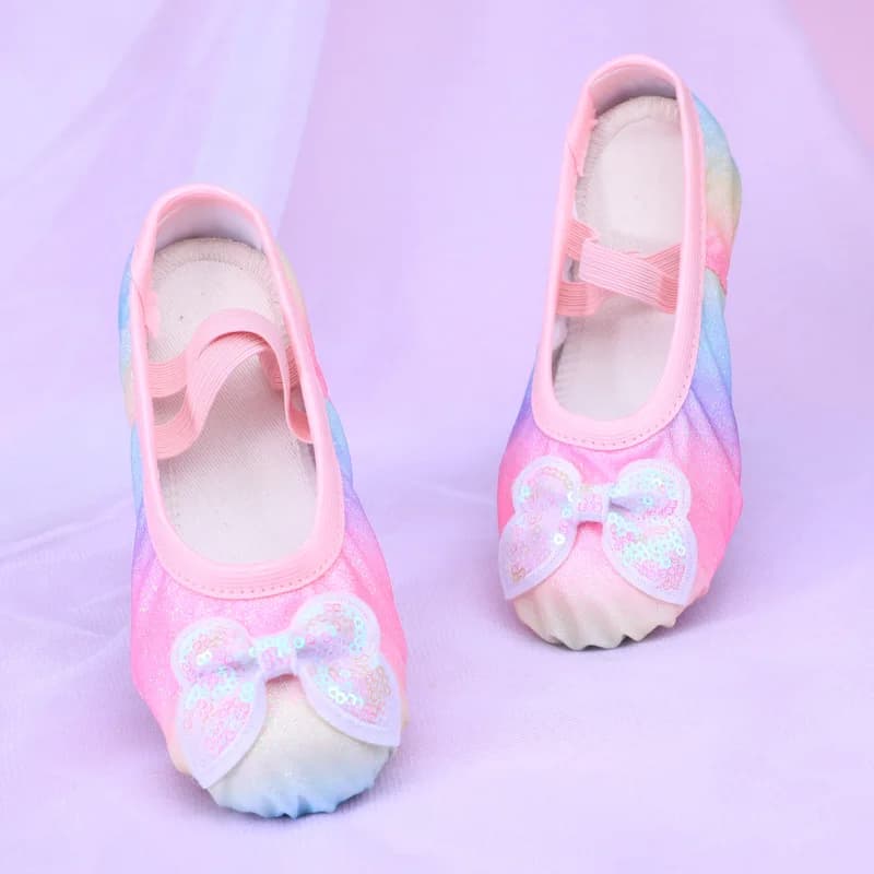 Color gradient girls dance shoes Sneakers women Kids shoes girl ballerinas woman bow line dance shoes women rainbow ballet flats