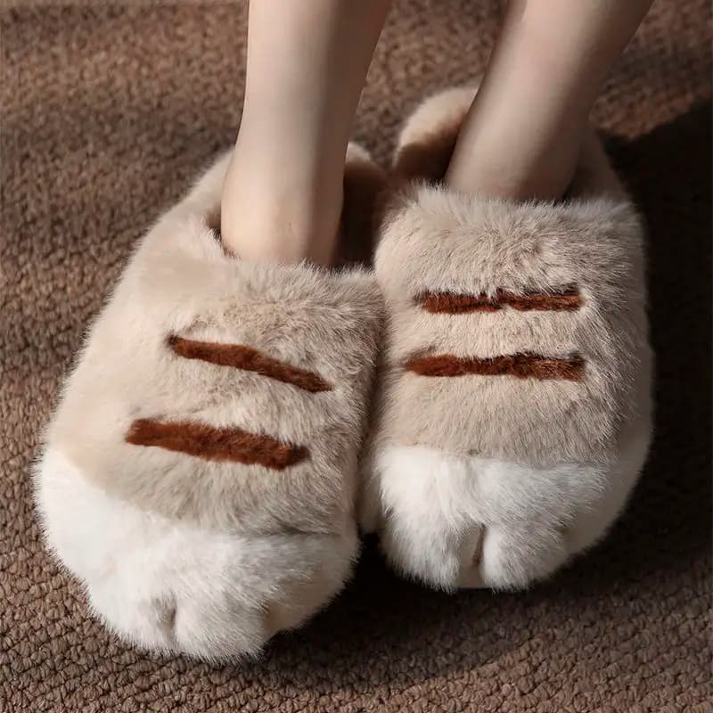 Cuddly cat paw slippers women's winter fluffy indoor home shoes woman warm animal claw slippers unisex furry slides shoes loafer