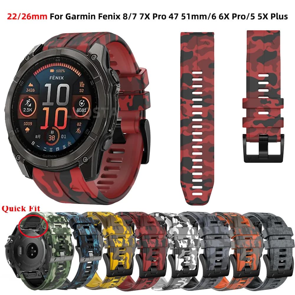 22 26mm Camouflage Printing Silicone Replacement Strap For Garmin Fenix 8 47 51mm 7 7X Pro 6 6X Pro 5 5X Plus QuickFit Wristband