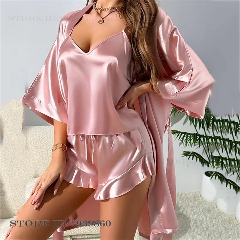 Women's 3PCS Pajamas Set Sexy Pink Satin Kimono Bath Robe Gown Intimate Lingerie Spring Summer New Satin Home Clothes Loungewear