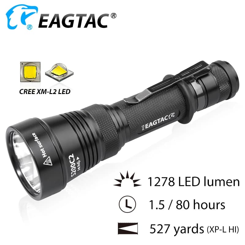 EAGTAC S200C2 XML2 SFT40 1278lm LED Flashlight Police Lantern Light 18650 CR23A Battery 395NM UV XPL HI Long Throw Hunting Torch