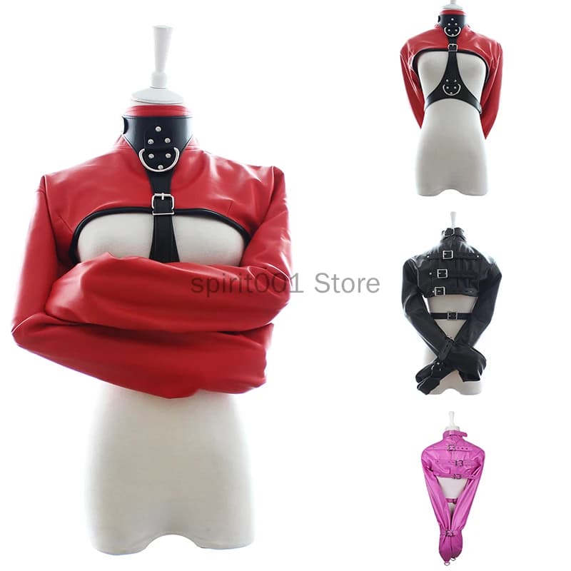 Women Black Red Sexy Open Breast Cupless Leather Bondage Strait Jacket Top Women's Restraint Straight Jacket Halloween Costume
