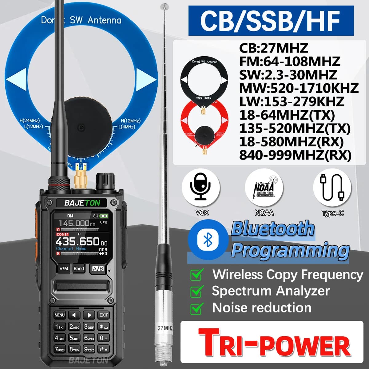 BAJETON BJ-7800 Walkie Talkie Long Range SW MW LW AM SSB CB 10W Receive Wireless Bluetooth Phone Programming NOAA Two Way Radio