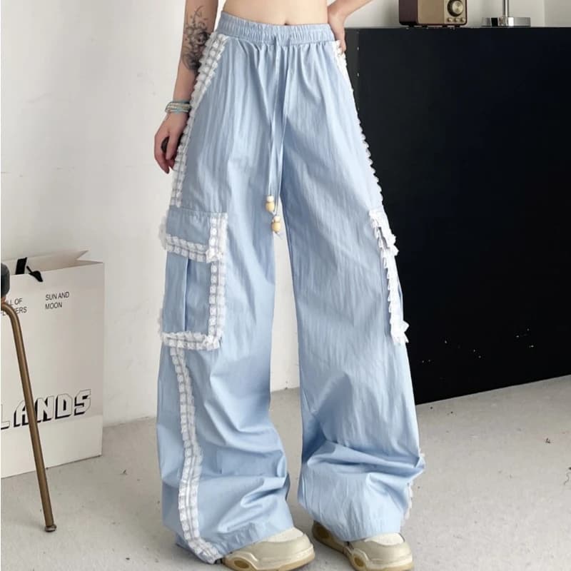 Lace Splicing Casual Pants Women's Summer Versatile Loose Wide-legged Full Length Drawstring Pants Fashion Sweet Trousers Female