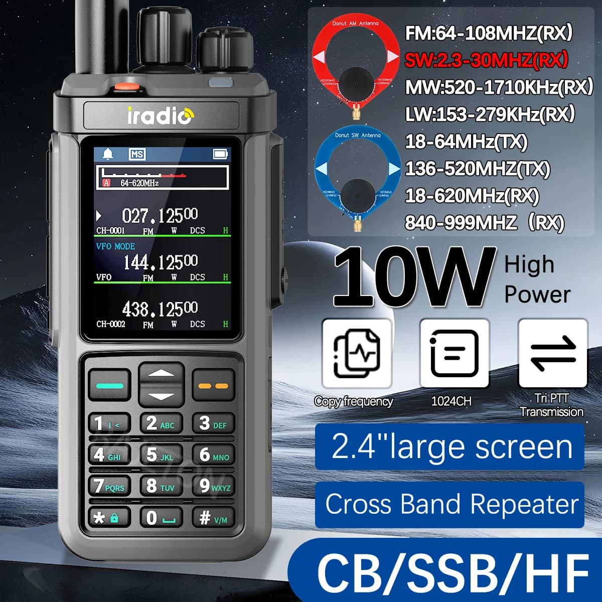 Iradio UV-98 PLUS 10W Multi Band Ham Radio HF UHF VHF With AM USB LSB CW CB LW MW SW SSB Cross Band Repeaper 2.4"large scree
