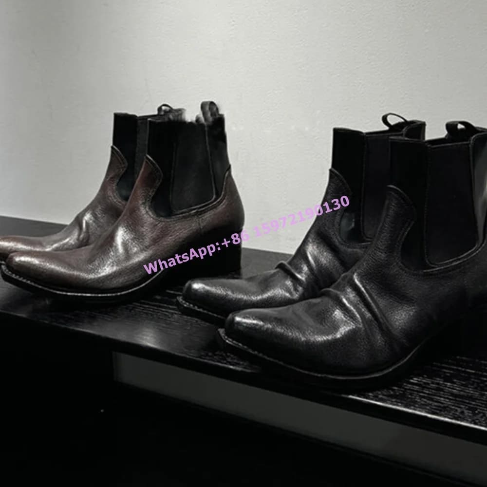 Retro Leather Short Boots Square Toe Slip On Chunky Heels Elastic Patchwork Couples Boots Fashion Pleated Concise Basic Shoes