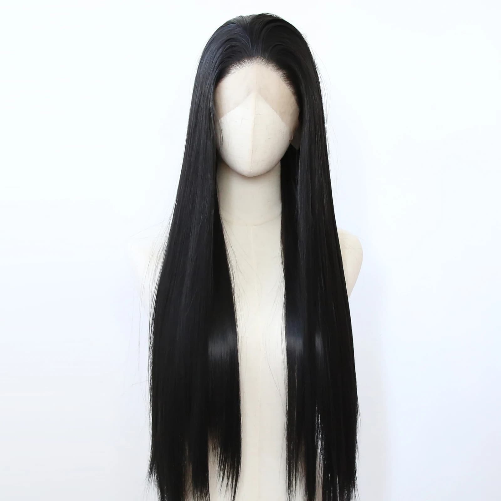Black Synthetic Lace Front Wig Long Straight Jet Black Lace Front Synthetic Wig Pre Plucked Natural Hairline