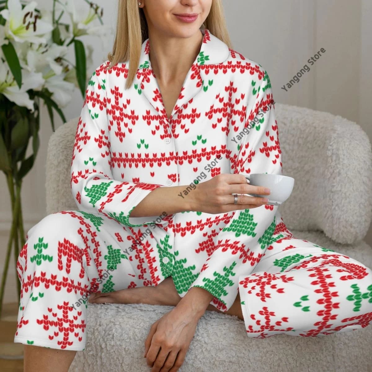 Spring and Autumn Long Sleeve Pants Pajamas Loungewear Set Christmas And New Year Pattern Women's Pull Edge Loose Sleeping Suit