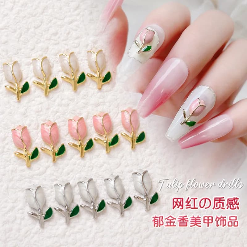 10Pcs Luxury Flower Nail Designer Charms Alloy Enamel Tulips Floral Nail Jewelry Strass DIY Manicure Floret Nail Art Decor JE-01