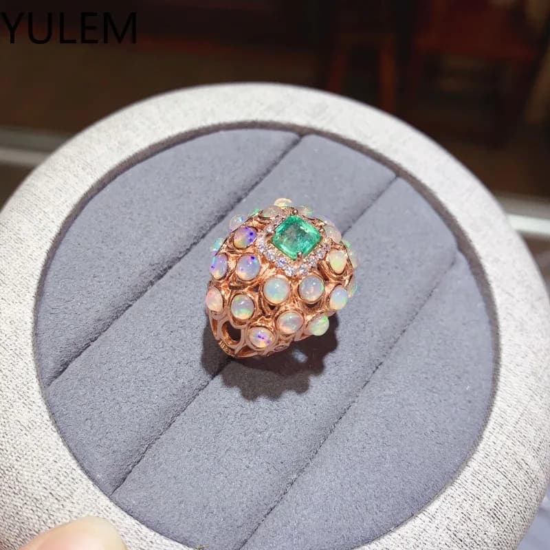 YULEM 100% Natural Emerald Ring for Engagement 5mm*5mm Emerald Silver Ring 925 Sterling Silver Emerald Ring with 3mm Opal Stone