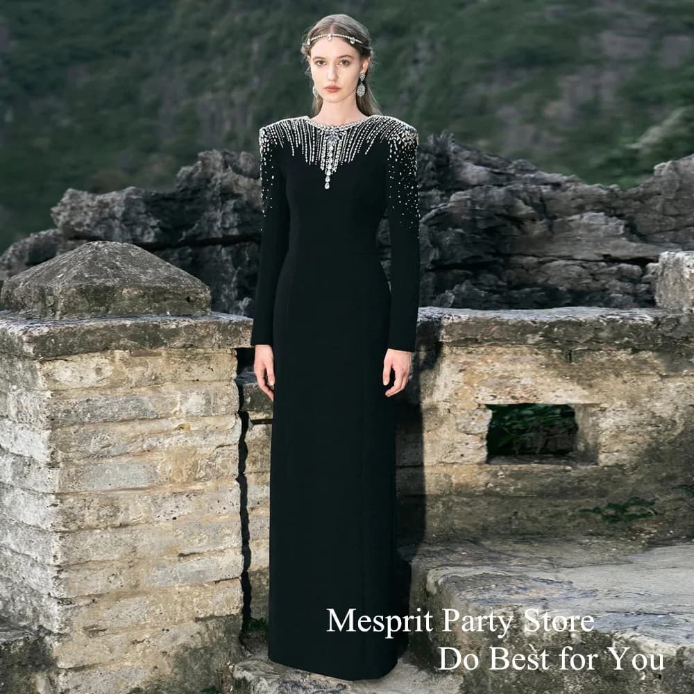 Elegant Black Prom Dresses Heavy Beading Stones Round Neck Long Sleeves Sheath Evening Dress Formal Occasion Dresses