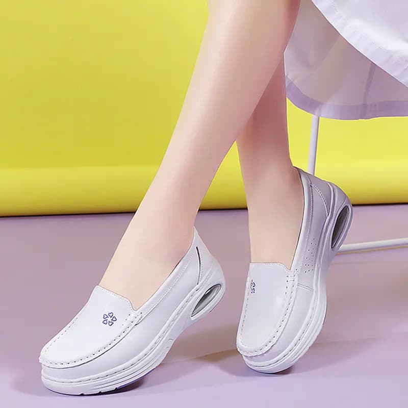 Spring New Women's Walking Shoes Genuine Leather Loafers Wedges Shoes Ladies Comfortable Nurse White Work Shoes Soft Flat Shoes
