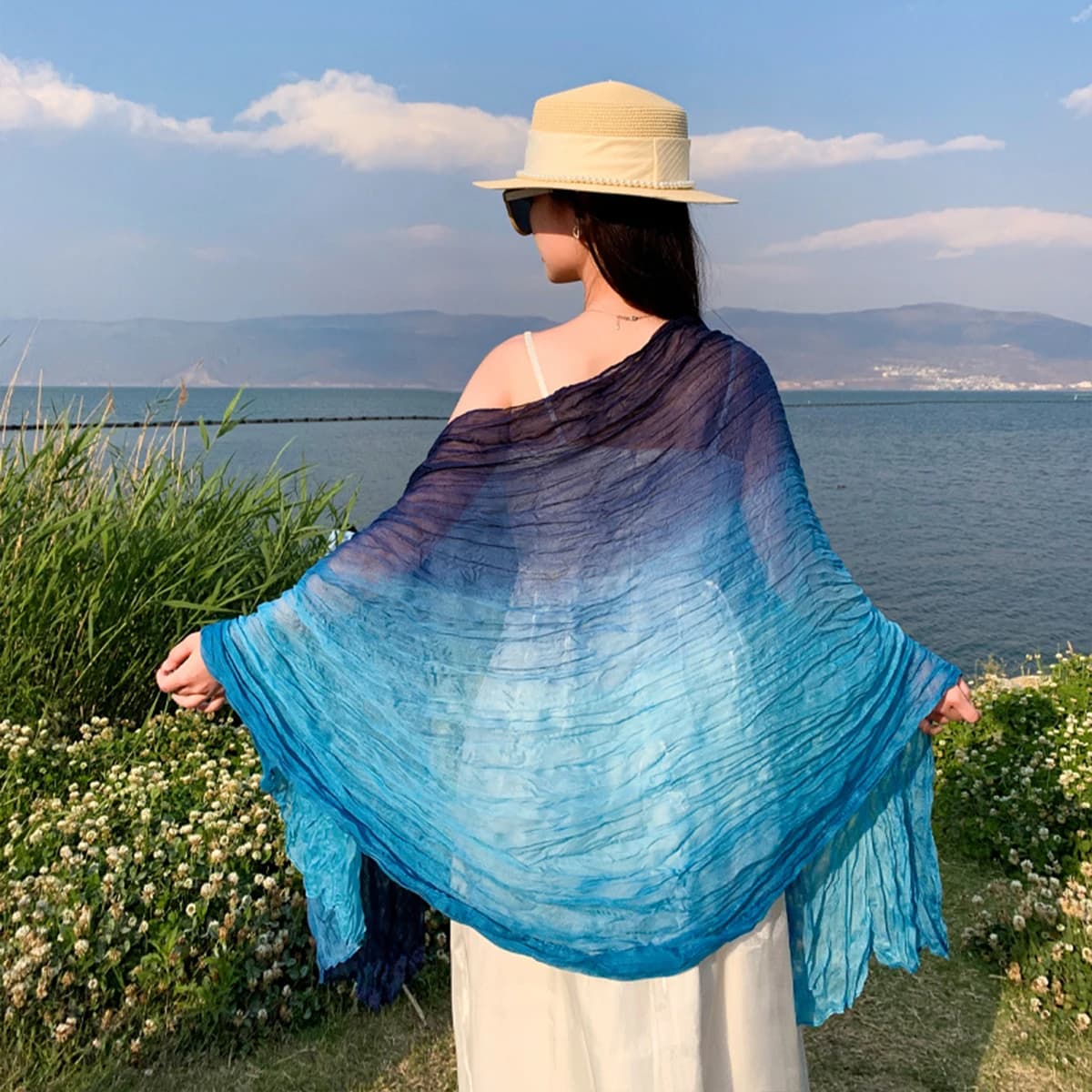 Women's gradient color linen scarf for travel fashionable versatile casual windproof sand proof headscarf women's shawl