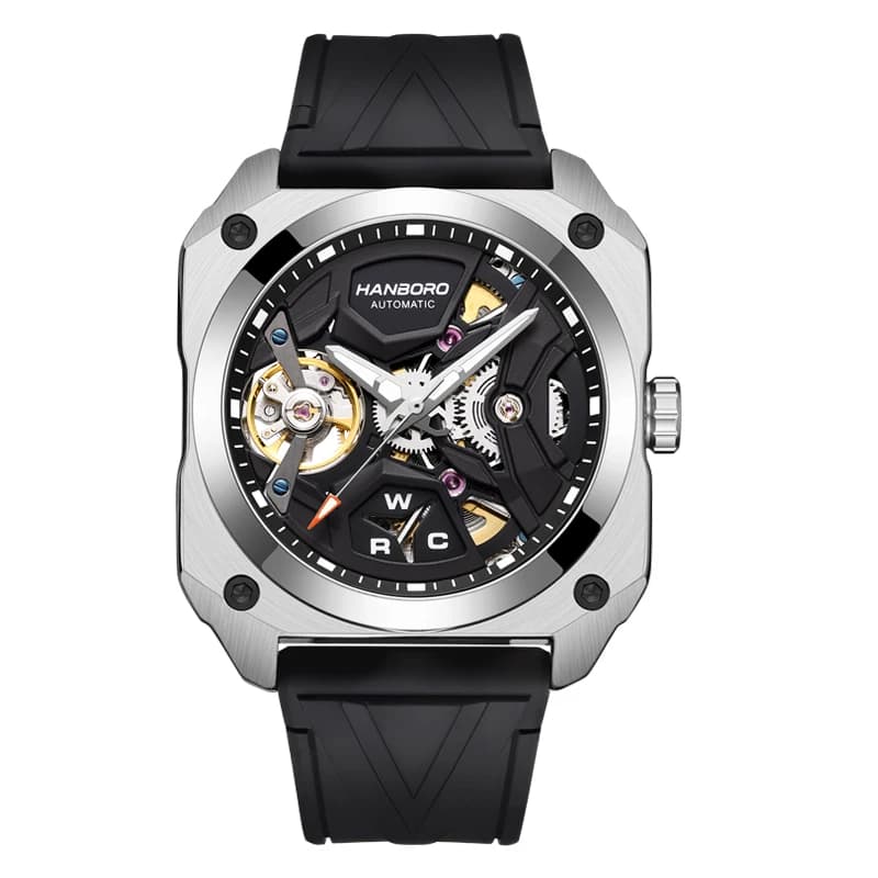 HANBORO Men Automatic Watch 42mm Luxury Fashion Mechanical Wristwatch Luminous Square Case Waterproof Skeleton Rubber Strap