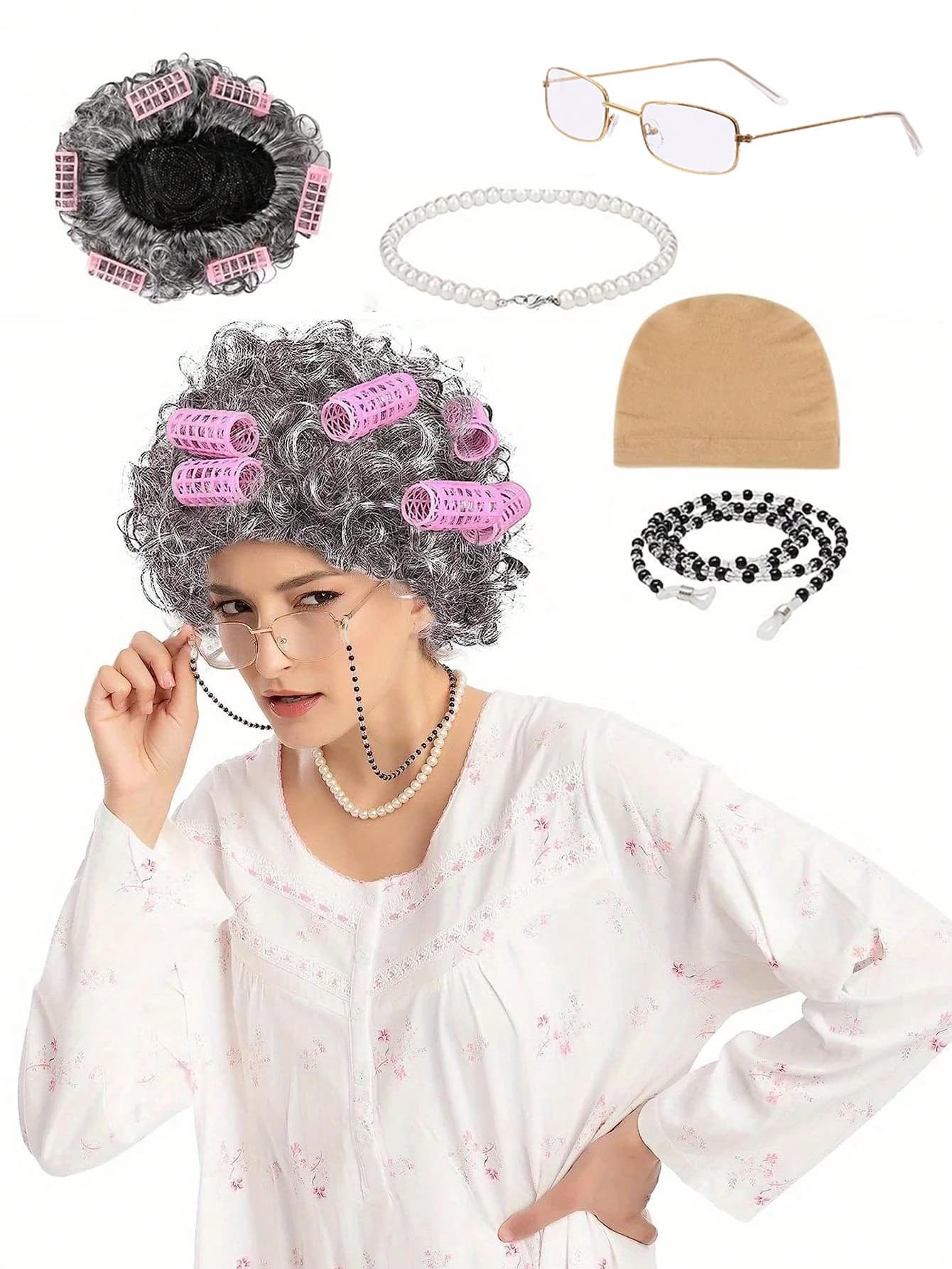 Old Lady Costume Set - Grandmother Synthetic Wigs, Wig Caps, Granny Glasses, Glasses Retention Chains, Pearl Necklaces