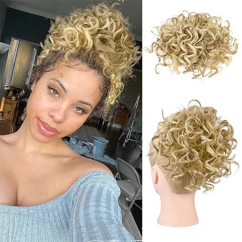 Synthetic Messy Curly Hair Bun Short Loose Wave Updo Ponytail for Women Blonde Curly Chignon Bun Hair Extensions Heat Resistant
