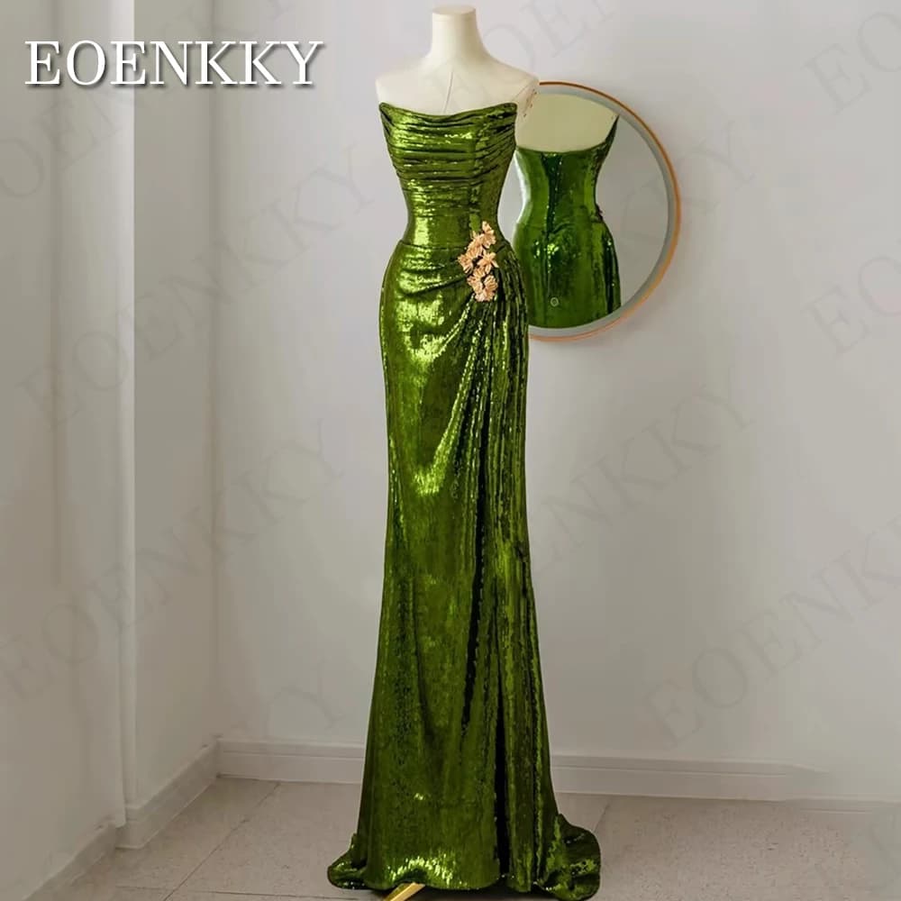 EOENKKY Glitter Mermaid Sequin Evening Dress Green Sexy Strapless Slit Special Occasion Dresses Women فساتين سهرة Customized
