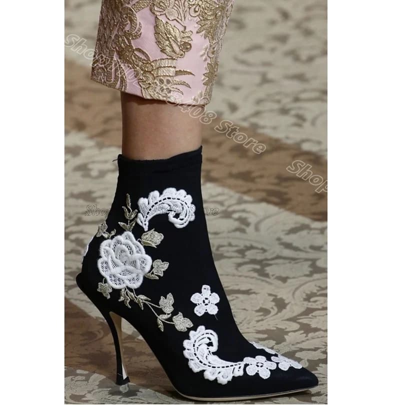 Black Embroidery Flower Elastic Boots Pointed Toe Stiletto Heels for Women Spring Party Elegant Boots 2024 Zapatos Para Mujere