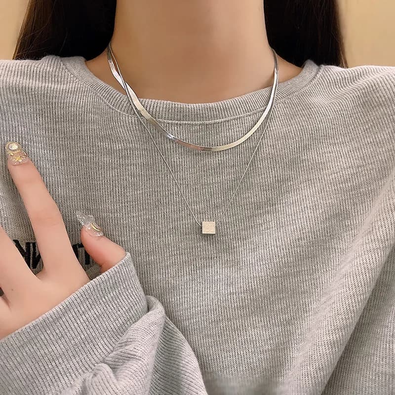 Layered Double-layer Geometric Titanium Steel Necklace Two-piece Set for Women Collarbone Chain