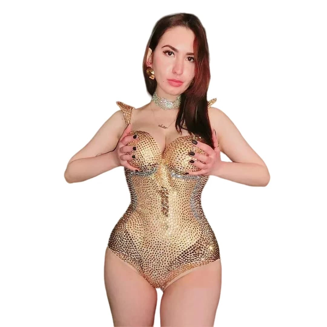 Sparkly Gold Women Rhinestone Body Suits Sexy Dancer Singer Stage Wear DJ DS Prom Club Party Performance Drag Queen Outfit