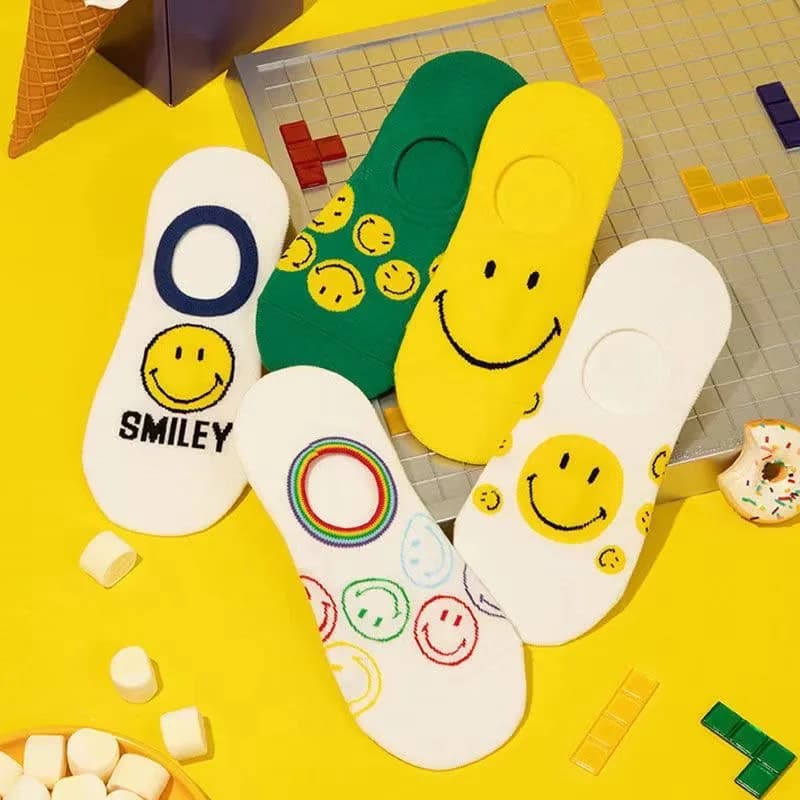 5 pairs Korea INS Trend Cartoon Lovely Funny Yellow Smile Non-slip Women Boat Socks Girl Cute Invisible Slippers Sox Summer